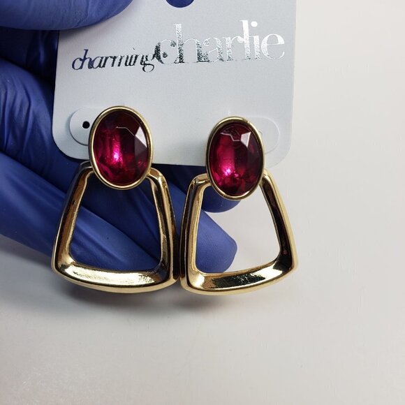 Charming Charlie Gold-Tone Drop Earrings w/ Pink Oval Stone, Elegant Post Dangle - Picture 8 of 9